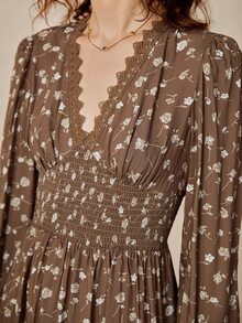 Florisole Floral V-Neck Dress, Cinched Waist, Suitable For Casual Outings, Dates, Commuting, And Romantic Autumn Encounters - Brown - View 5