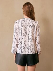 Florisole 女士休闲印花长袖衬衫 - 黑與白 - 查看 2