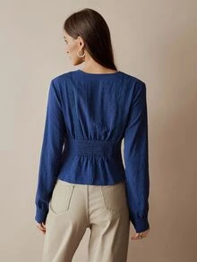 Florisole Elegant Floral Lace Patchwork Open Front Pearl Button Decor Cinched Waist Women Blouse, Autumn - Navy Blue - View 2