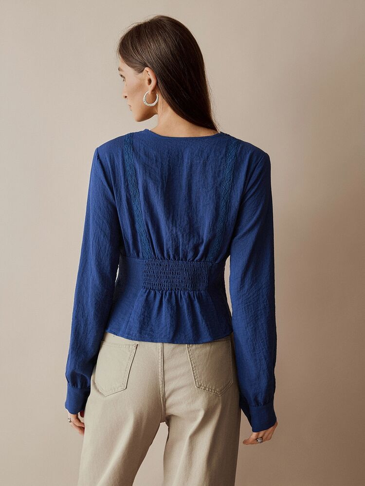 Florisole Elegant Floral Lace Patchwork Open Front Pearl Button Decor Cinched Waist Women Blouse, Autumn - Navy Blue - View 2