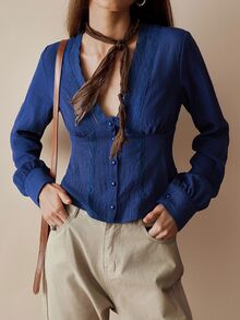 Florisole Elegant Floral Lace Patchwork Open Front Pearl Button Decor Cinched Waist Women Blouse, Autumn - Navy Blue - View 4