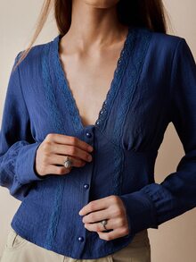 Florisole Elegant Floral Lace Patchwork Open Front Pearl Button Decor Cinched Waist Women Blouse, Autumn - Navy Blue - View 6