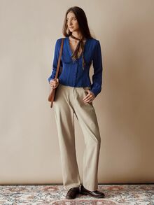 Florisole Elegant Floral Lace Patchwork Open Front Pearl Button Decor Cinched Waist Women Blouse, Autumn - Navy Blue - View 1