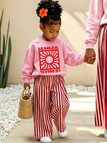 秋冬嬰兒/女嬰清新復古紅綠旋渦太陽藝術海報字母印花基本款圓領衛衣＋白色寬腿褲 2件套 - 彩色 - 查看 1