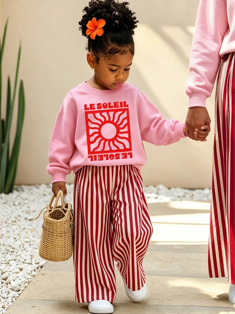秋冬嬰兒/女嬰清新復古紅綠旋渦太陽藝術海報字母印花基本款圓領衛衣+白色寬腿褲 2件套 - 彩色 - 查看 1