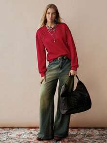 Florisole Women's Elegant Casual Studded Faux Distressed Print Sweatshirt - Red - View 4
