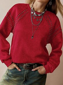 Florisole Women's Elegant Casual Studded Faux Distressed Print Sweatshirt - Red - View 3