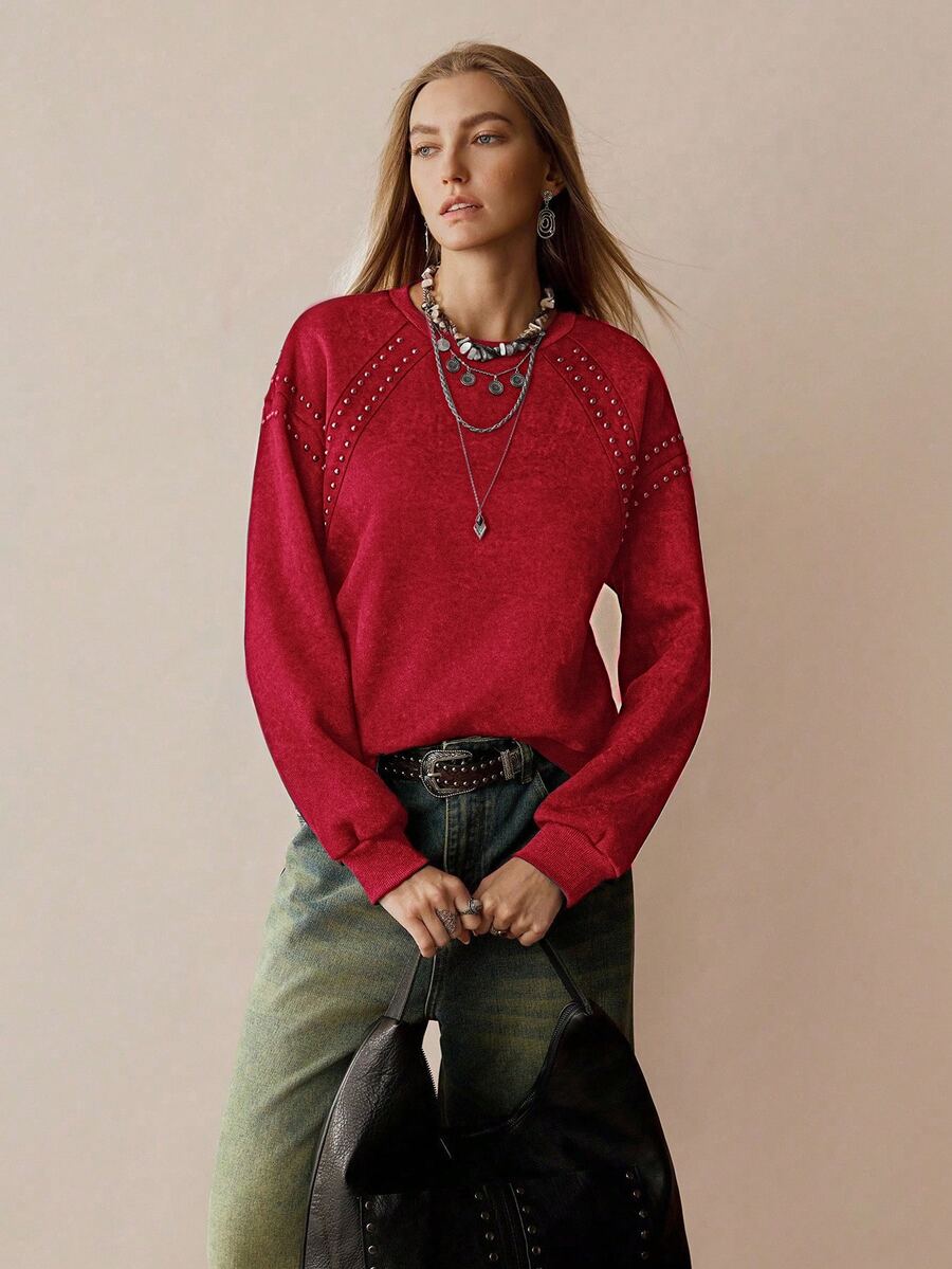 Florisole Women's Elegant Casual Studded Faux Distressed Print Sweatshirt - Red - View 1