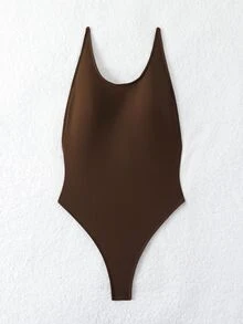 SHEIN Swim Women's Summer Beach Sexy Backless Solid Color One-Piece Swimsuit - Brown - View 2