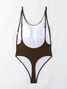 SHEIN Swim Women's Summer Beach Sexy Backless Solid Color One-Piece Swimsuit - Brown - View 3