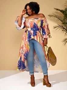 BrightlyHer Plus Size Vacation Casual Floral Print Off-Shoulder Maxi Blouse/Summer/Spring Holiday Beach - Multicolor - View 10