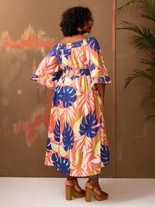 BrightlyHer Plus Size Vacation Casual Floral Print Off-Shoulder Maxi Blouse/Summer/Spring Holiday Beach - Multicolor - View 3