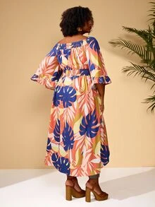 BrightlyHer Plus Size Vacation Casual Floral Print Off-Shoulder Maxi Blouse/Summer/Spring Holiday Beach - Multicolor - View 9