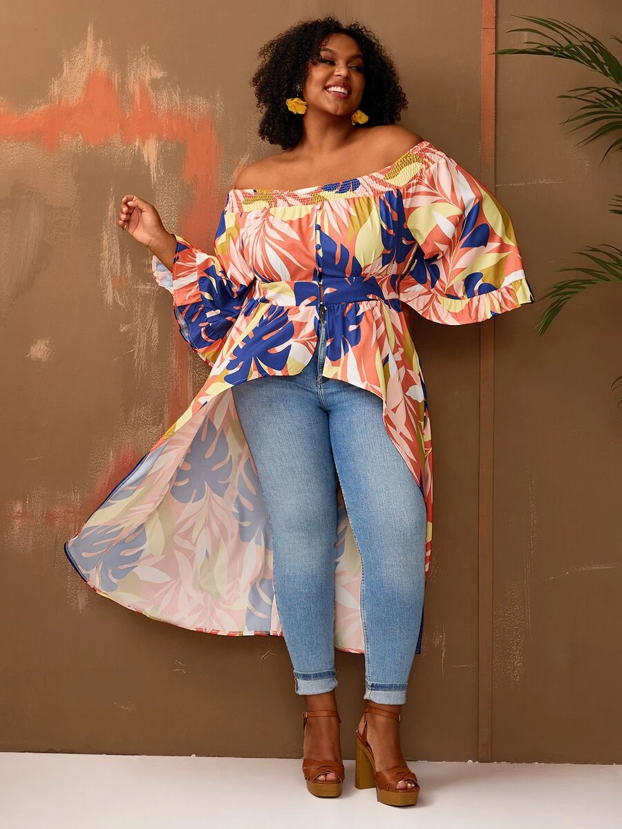 BrightlyHer Plus Size Vacation Casual Floral Print Off-Shoulder Maxi Blouse/Summer/Spring Holiday Beach - Multicolor - View 1