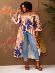 BrightlyHer Plus Size Vacation Casual Floral Print Off-Shoulder Maxi Blouse/Summer/Spring Holiday Beach - Multicolor - View 7