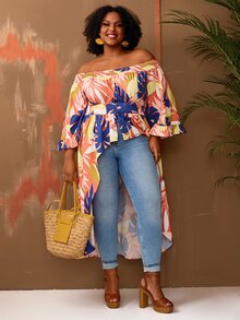 BrightlyHer Plus Size Vacation Casual Floral Print Off-Shoulder Maxi Blouse/Summer/Spring Holiday Beach - Multicolor - View 5