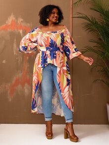BrightlyHer Plus Size Vacation Casual Floral Print Off-Shoulder Maxi Blouse/Summer/Spring Holiday Beach - Multicolor - View 4