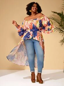 BrightlyHer Plus Size Vacation Casual Floral Print Off-Shoulder Maxi Blouse/Summer/Spring Holiday Beach - Multicolor - View 2