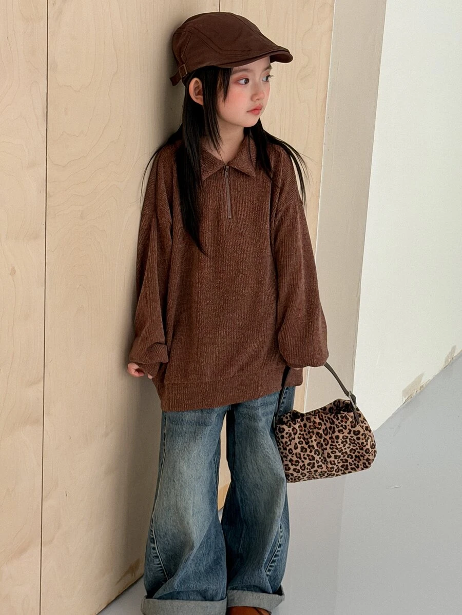 Hapijoa Tween Girl Casual Half-Zip Long Sleeve Sweatshirt - Mocha Brown - View 1