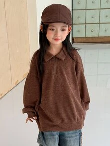 Hapijoa Tween Girl Casual Half-Zip Long Sleeve Sweatshirt - Mocha Brown - View 5