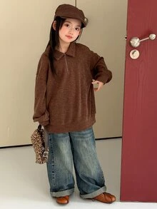 Hapijoa Tween Girl Casual Half-Zip Long Sleeve Sweatshirt - Mocha Brown - View 2