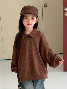 Hapijoa Tween Girl Casual Half-Zip Long Sleeve Sweatshirt - Mocha Brown - View 4