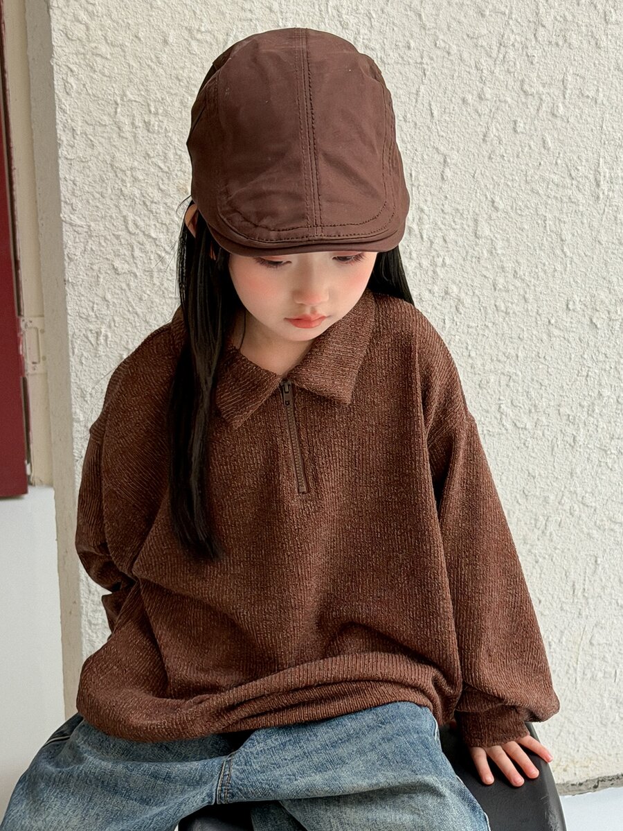 Hapijoa Tween Girl Casual Half-Zip Long Sleeve Sweatshirt - Mocha Brown - View 1