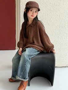 Hapijoa Tween Girl Casual Half-Zip Long Sleeve Sweatshirt - Mocha Brown - View 8