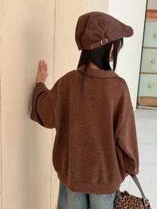 Hapijoa Tween Girl Casual Half-Zip Long Sleeve Sweatshirt - Mocha Brown - View 3