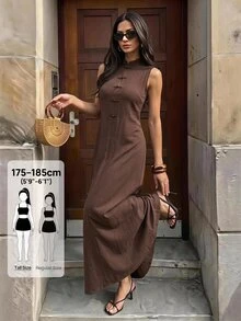 SHEIN Tall Long Brown Dress With A Mandarin Collar And Chinese-Style Frog Closures (For Tall Women) - Brown - View 4
