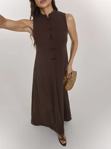 SHEIN Tall Long Brown Dress With A Mandarin Collar And Chinese-Style Frog Closures (For Tall Women) - Brown - View 6