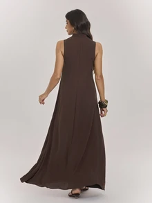 SHEIN Tall Long Brown Dress With A Mandarin Collar And Chinese-Style Frog Closures (For Tall Women) - Brown - View 2