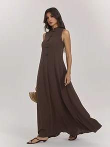 SHEIN Tall Long Brown Dress With A Mandarin Collar And Chinese-Style Frog Closures (For Tall Women) - Brown - View 7
