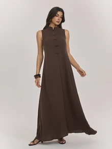SHEIN Tall Long Brown Dress With A Mandarin Collar And Chinese-Style Frog Closures (For Tall Women) - Brown - View 3