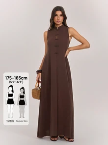 SHEIN Tall Long Brown Dress With A Mandarin Collar And Chinese-Style Frog Closures (For Tall Women) - Brown - View 1
