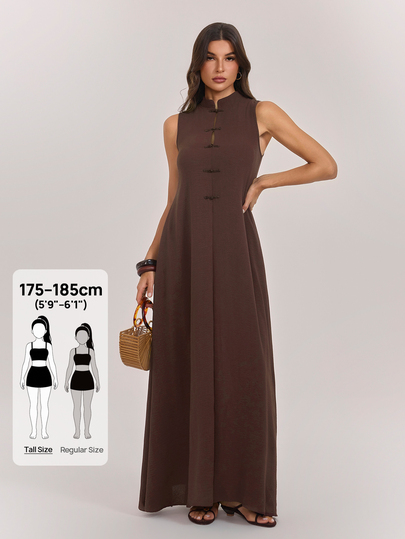 SHEIN Tall Vestido Longo Marrom com Gola Mandarim e Fechos de Estilo Chinês (Para Mulheres Altas)