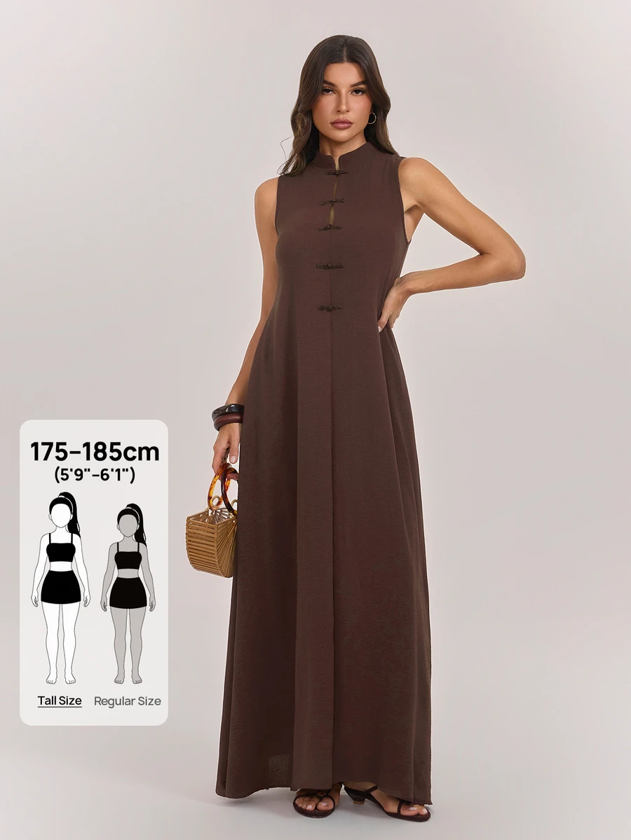 SHEIN Tall Long Brown Dress With A Mandarin Collar And Chinese-Style Frog Closures (For Tall Women) - Brown - View 1