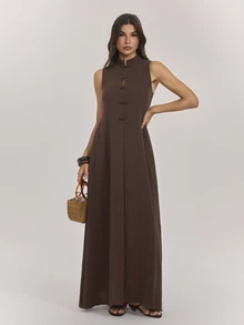 SHEIN Tall Long Brown Dress With A Mandarin Collar And Chinese-Style Frog Closures (For Tall Women) - Brown - View 8
