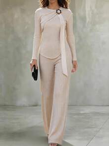 Vavine Beige Round Neck Bowknot Tie-Up Ruched Texture Long Shirt And Slim Straight Leg Pants Women's 2 Pieces Set Brunch Fall Minimalist Elegant - Apricot - View 3
