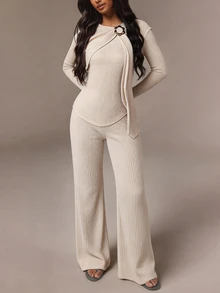 Vavine Beige Round Neck Bowknot Tie-Up Ruched Texture Long Shirt And Slim Straight Leg Pants Women's 2 Pieces Set Brunch Fall Minimalist Elegant - Apricot - View 4