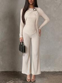 Vavine Beige Round Neck Bowknot Tie-Up Ruched Texture Long Shirt And Slim Straight Leg Pants Women's 2 Pieces Set Brunch Fall Minimalist Elegant - Apricot - View 6