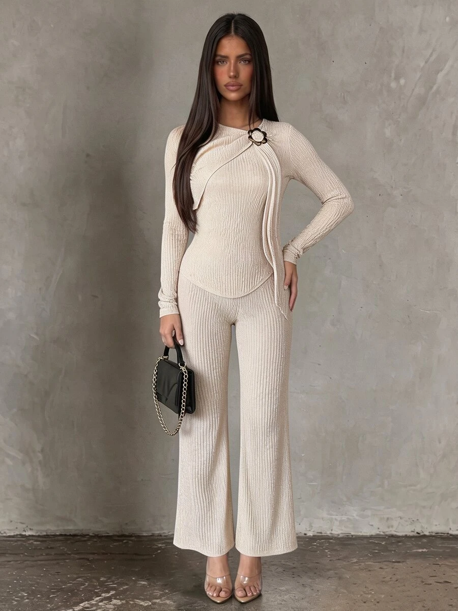 Vavine Beige Round Neck Bowknot Tie-Up Ruched Texture Long Shirt And Slim Straight Leg Pants Women's 2 Pieces Set Brunch Fall Minimalist Elegant - Apricot - View 1