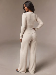 Vavine Beige Round Neck Bowknot Tie-Up Ruched Texture Long Shirt And Slim Straight Leg Pants Women's 2 Pieces Set Brunch Fall Minimalist Elegant - Apricot - View 2