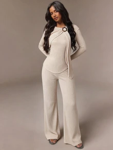 Vavine Beige Round Neck Bowknot Tie-Up Ruched Texture Long Shirt And Slim Straight Leg Pants Women's 2 Pieces Set Brunch Fall Minimalist Elegant - Apricot - View 7