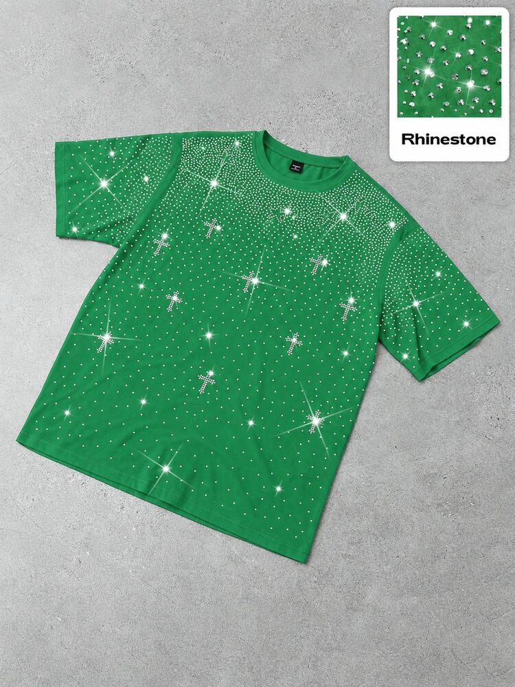 Manfinity Hypemode 1 buah Kaos Pria Kasual Longgar Lengan Pendek, Hitam, Dekorasi Rhinestone, Siluet Kotak Besar, Streetwear, Pesta Musim Panas, Pakaian Sehari-hari, Hadiah Pasangan - Hijau - View 3