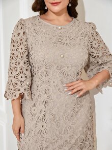 Reflora Plus Size Elegant Celestial Elegant Lace Hollow Out Faux Pearl Decor Round Neck Dress Autumn Wedding Party Wedding Guest Beige - Khaki - View 12