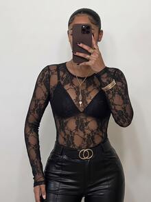 SHEIN SXY 女款蕾絲拼接性感透視約會與外出上衣 - 黑色 - 查看 1
