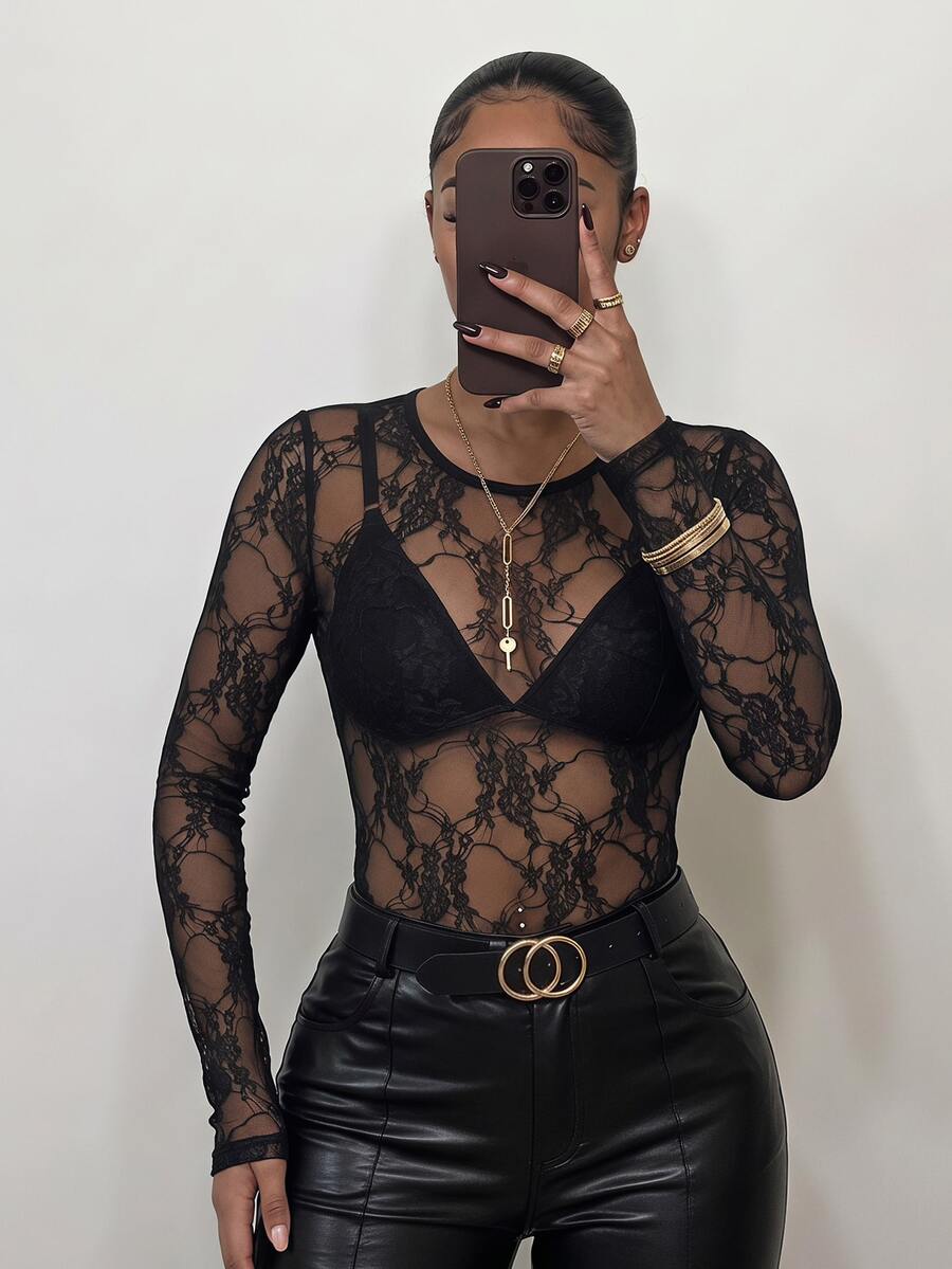 SHEIN SXY 女款蕾絲拼接性感透視約會與外出上衣 - 黑色 - 查看 1