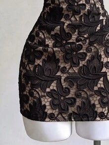 SHEIN Franclia [印花設計] 黑色蕾絲花卉印花細肩帶洋裝，優雅性感無袖迷你緊身洋裝，2026夏季新款，適合派對、海灘、晚餐、休閒穿著 - 黑色 - 查看 6