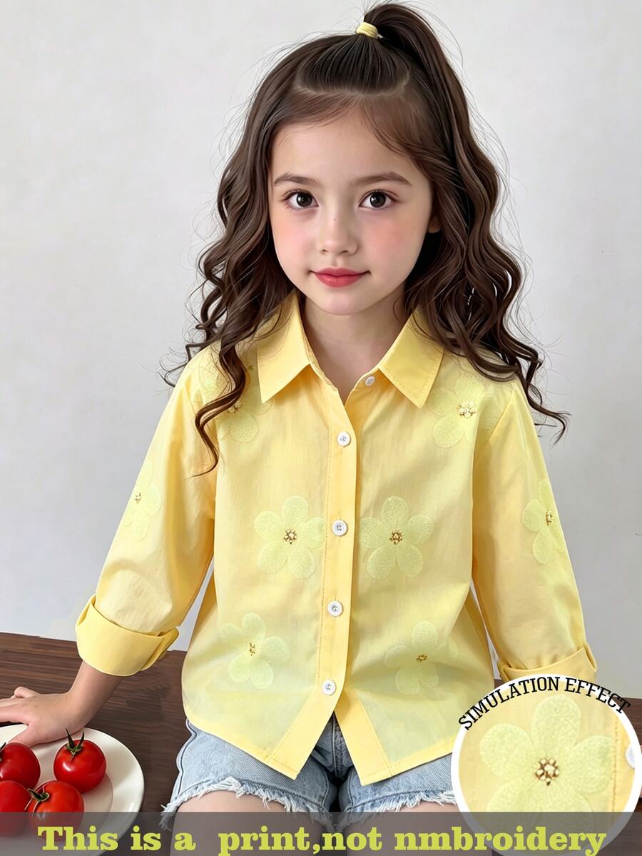 SHEIN 女童翻領長袖鈕扣條紋襯衫,正面刺繡圖案,休閒仙女牛仔風上衣,秋季黃色幼童女童上衣 - 黃色 - 查看 1